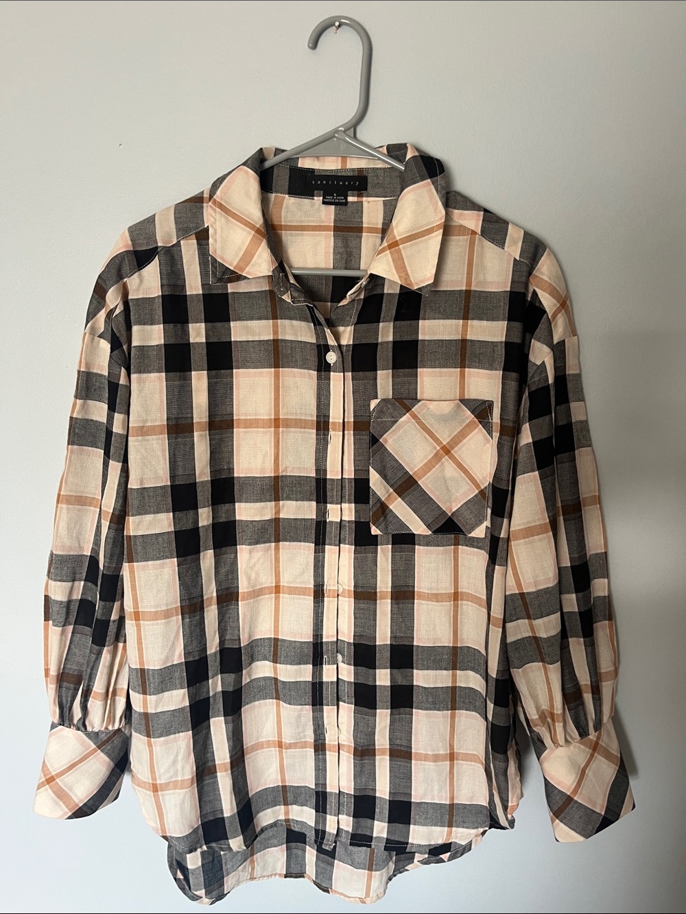 Sanctuary Plaid Button-Up Shirt - Cream, Black & Tan